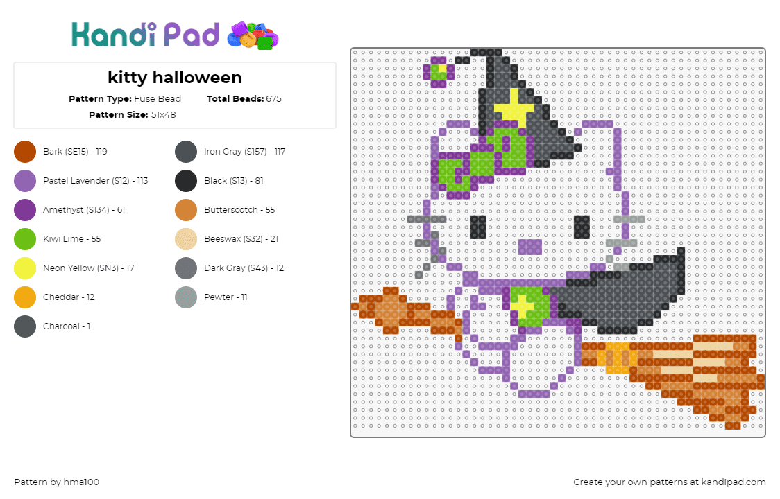 kitty halloween - Fuse Bead Pattern by hma100 on Kandi Pad - hello kitty,witch,broom,halloween,sanrio,festive,gray,green,tan