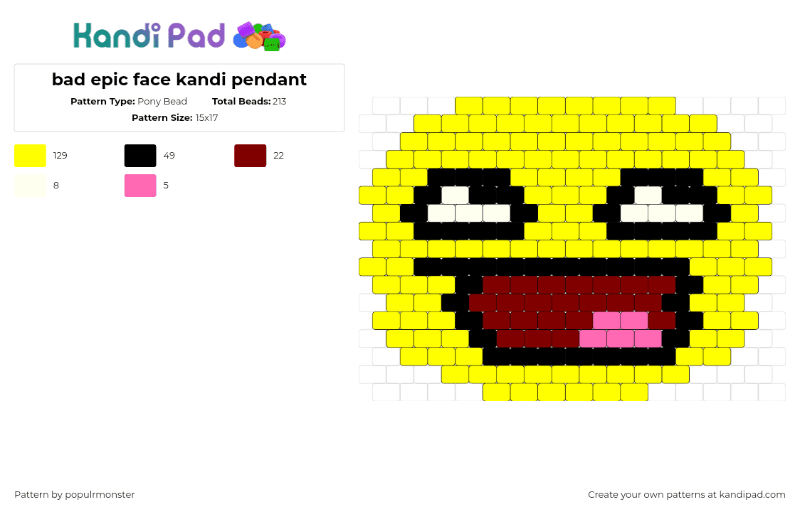 bad epic face kandi pendant - Pony Bead Pattern by populrmonster on Kandi Pad - epic face,smiley,roblox,emoji,yellow,red