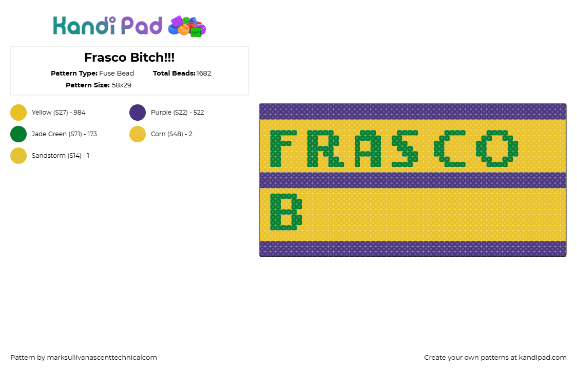 Frasco Bitch!!! - Fuse Bead Pattern by marksullivanascenttechnicalcom on Kandi Pad - text,stripes,yellow,green