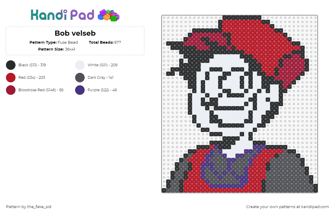 Bob velseb - Fuse Bead Pattern by the_fake_sid on Kandi Pad - bob velseb,spooky month,devil,character,animation,halloween,smile,tv show,white,red,gray