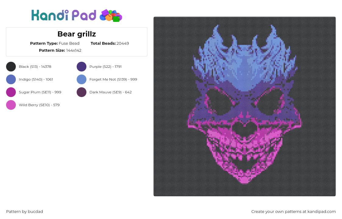 Bear grillz - Fuse Bead Pattern by bucdad on Kandi Pad - bear grillz,scary,dj,music,edm,horror,purple,pink