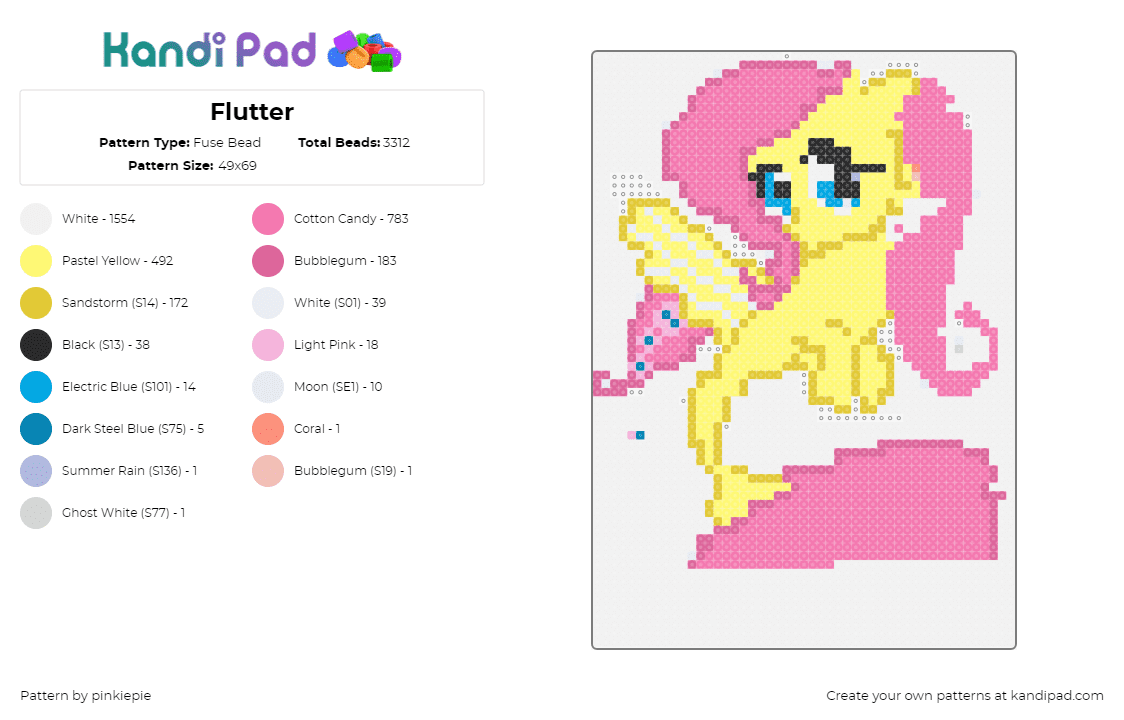 Flutter - Fuse Bead Pattern by pinkiepie on Kandi Pad - fluttershy,mlp,my little pony,character,yellow,pink