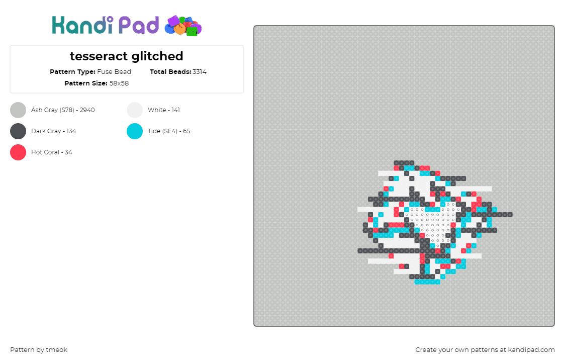 tesseract glitched - Fuse Bead Pattern by tmeok on Kandi Pad - tesseract,glitch,geometric,3d,cube,white,gray