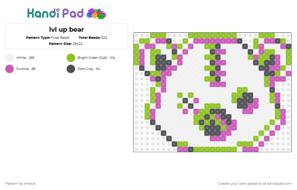 lvl up bear - Fuse Bead Pattern by tmeok on Kandi Pad - level up,teddy,bear,trippy,dj,animal,music,white,green,pink