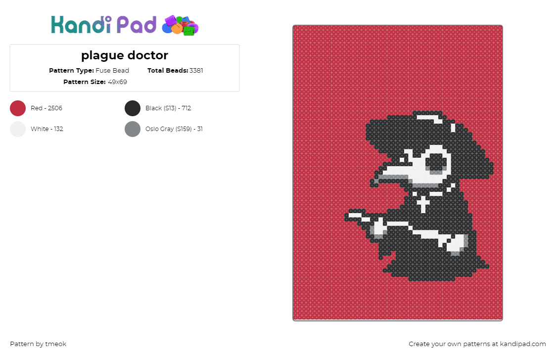 plague doctor - Fuse Bead Pattern by tmeok on Kandi Pad - plague doctor,virus,spooky,character,mask,beak,classic,black,red,white