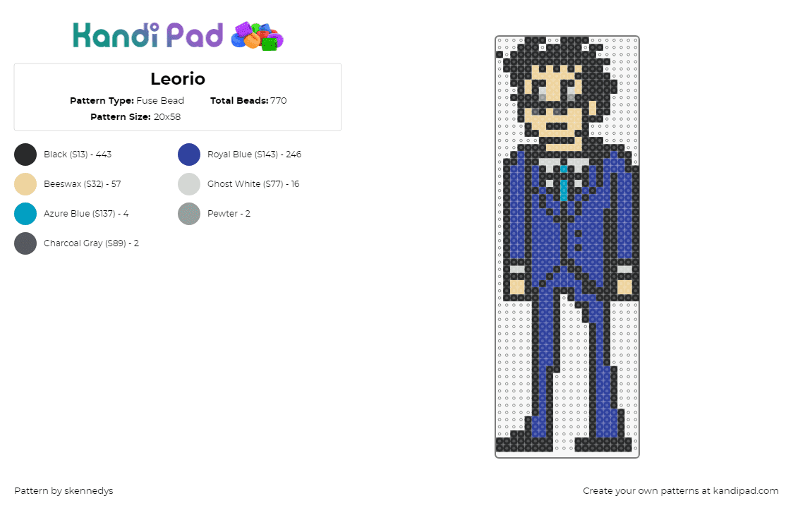 Leorio - Fuse Bead Pattern by skennedys on Kandi Pad - leorio paradinight,hunter x hunter,character,anime,tv show,blue