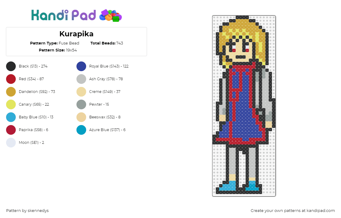 Kurapika - Fuse Bead Pattern by skennedys on Kandi Pad - kurapika,hunter x hunter,character,anime,tv show,blonde,blue,yellow