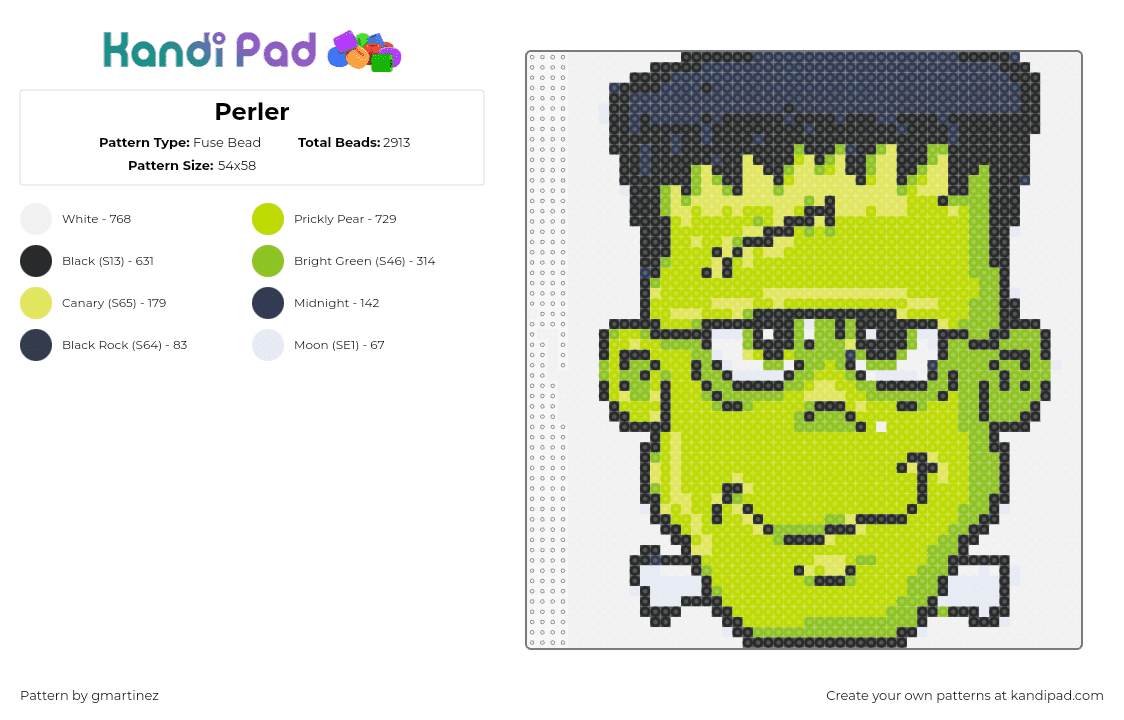 Perler - Fuse Bead Pattern by gmartinez on Kandi Pad - frankenstein,monster,character,classic,halloween,zombie,smile,green,black