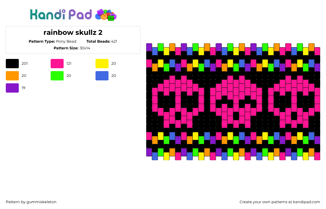 rainbow skullz 2 - Pony Bead Pattern by gummiskeleton on Kandi Pad - skulls,rainbow,colorful,dark,spooky,cuff,halloween,pink,black