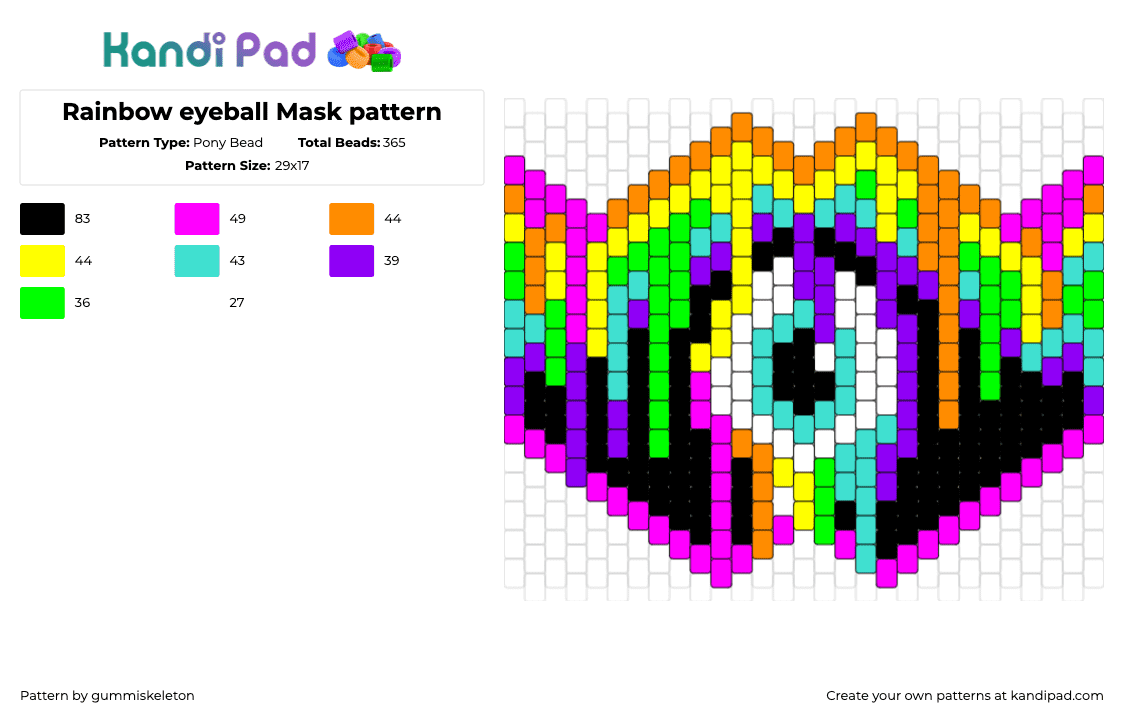 Rainbow eyeball Mask pattern - Pony Bead Pattern by gummiskeleton on Kandi Pad - eyeball,drip,trippy,psychedelic,mask,colorful,neon,spooky,black,yellow,pink