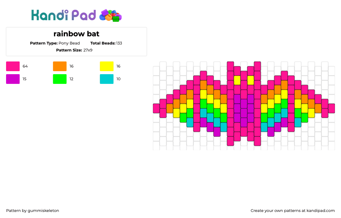 rainbow bat - Pony Bead Pattern by gummiskeleton on Kandi Pad - bat,neon,rainbow,colorful,spooky,halloween,bright,pink