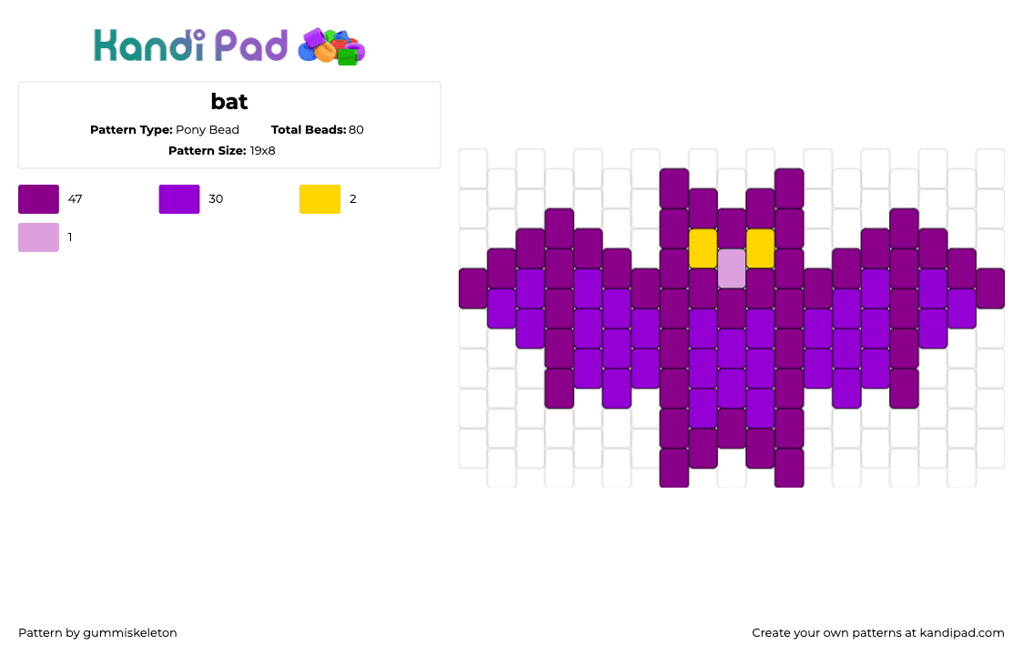 bat - Pony Bead Pattern by gummiskeleton on Kandi Pad - bat,animal,spooky,vampire,halloween,winged,purple