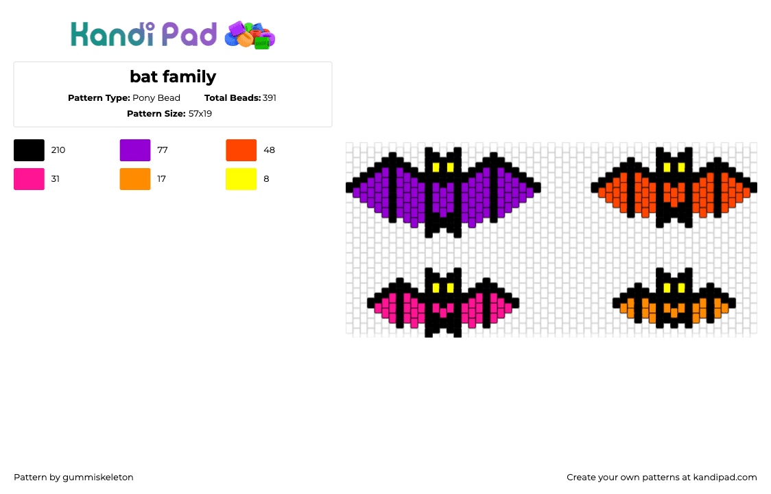 bat family - Pony Bead Pattern by gummiskeleton on Kandi Pad - bats,winged,dark,spooky,halloween,pink,orange,purple