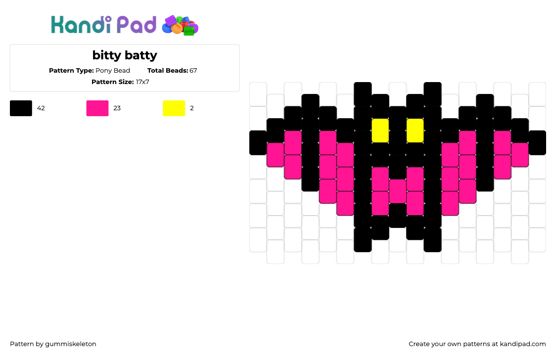 bitty batty - Pony Bead Pattern by gummiskeleton on Kandi Pad - bat,winged,dark,spooky,halloween,pink,black