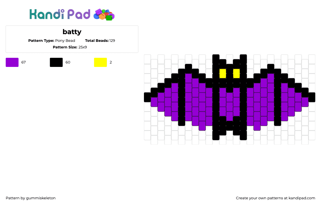 batty - Pony Bead Pattern by gummiskeleton on Kandi Pad - bat,vampire,winged,dark,spooky,halloween,purple,black