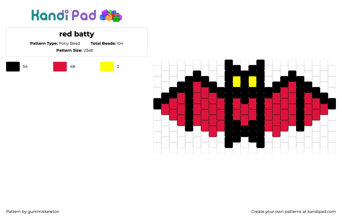 red batty - Pony Bead Pattern by gummiskeleton on Kandi Pad - bat,vampire,winged,dark,spooky,halloween,red,black