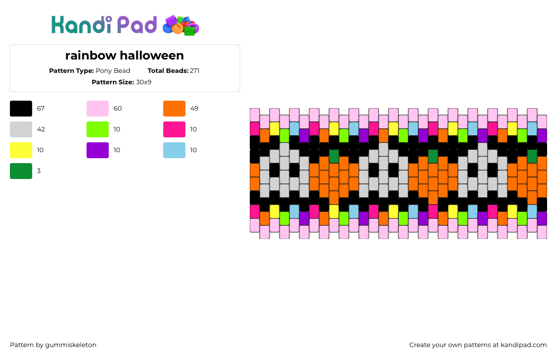 rainbow halloween - Pony Bead Pattern by gummiskeleton on Kandi Pad - pumpkins,ghosts,spooky,colorful,halloween,festive,cuff,pink,orange