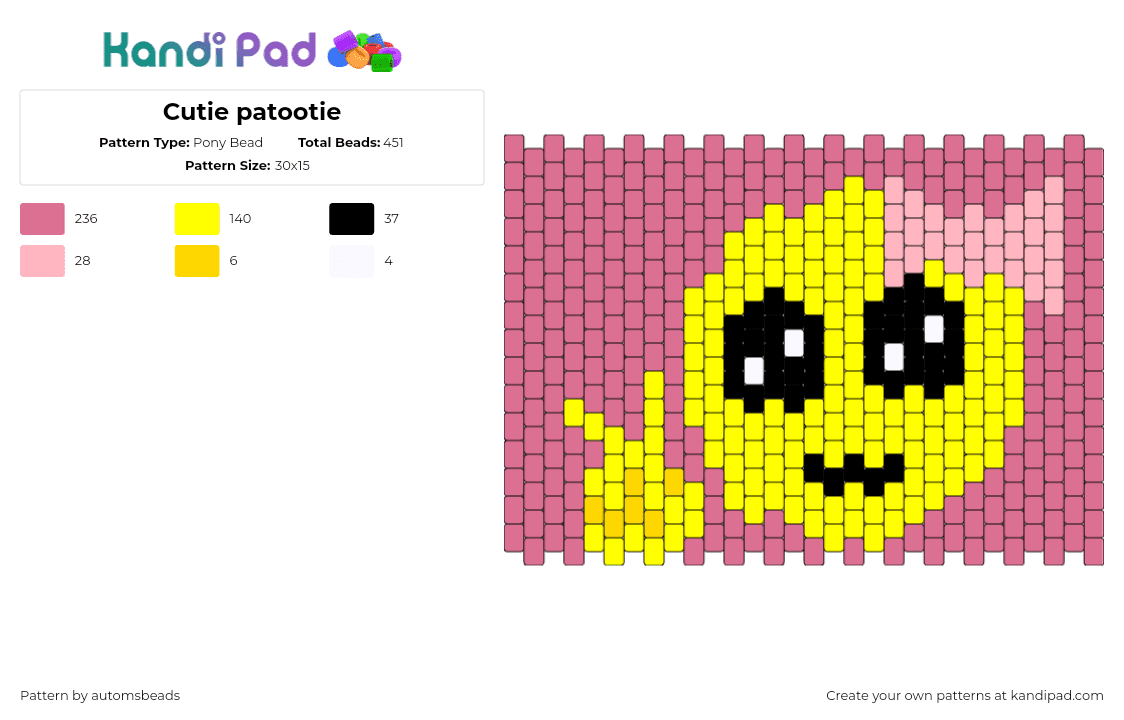 Cutie patootie - Pony Bead Pattern by automsbeads on Kandi Pad - peace,alien,bow,cute,smile,pink,yellow