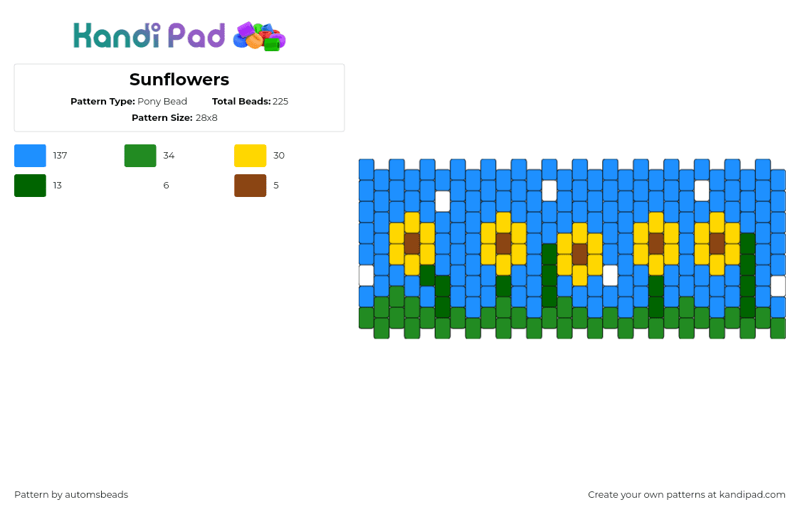 Sunflowers - Pony Bead Pattern by automsbeads on Kandi Pad - sunflowers,landscape,nature,sky,cuff,blue,yellow,green