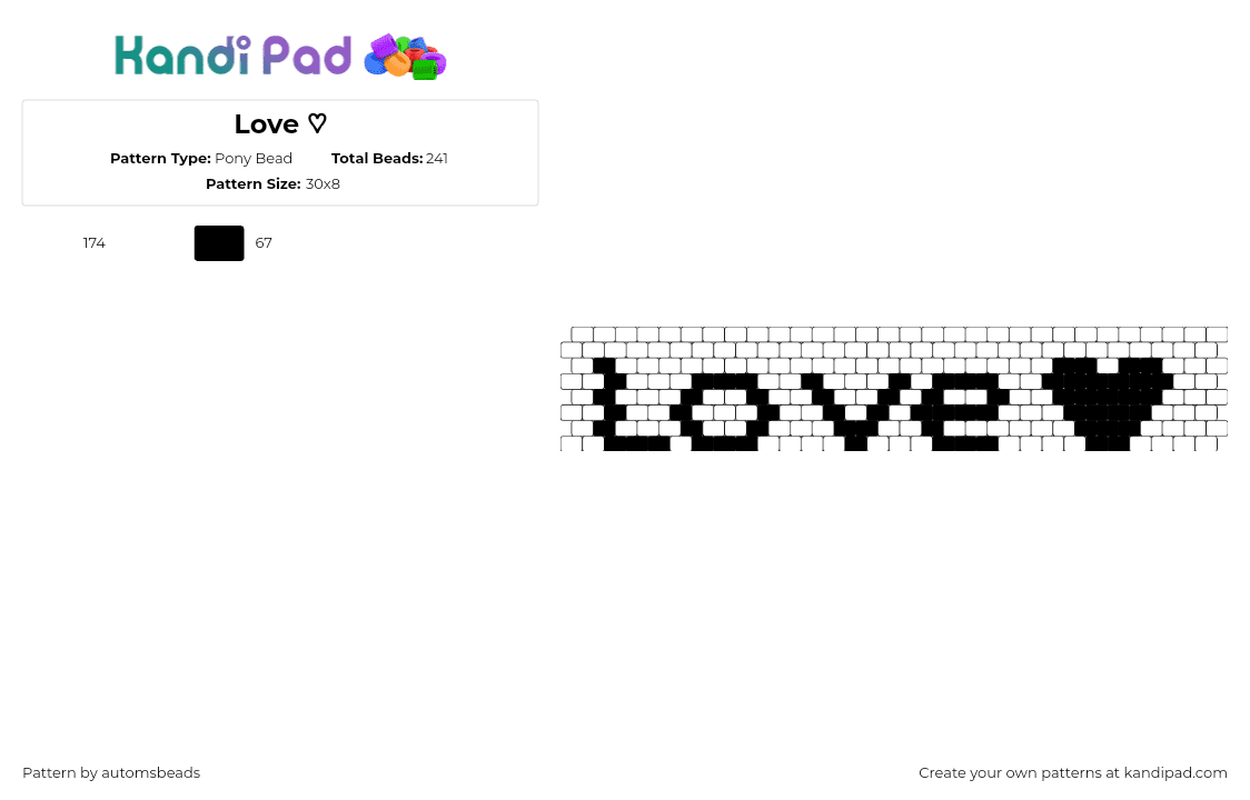 Love ♡ - Pony Bead Pattern by automsbeads on Kandi Pad - love,text,heart,cuff,simple,black,white