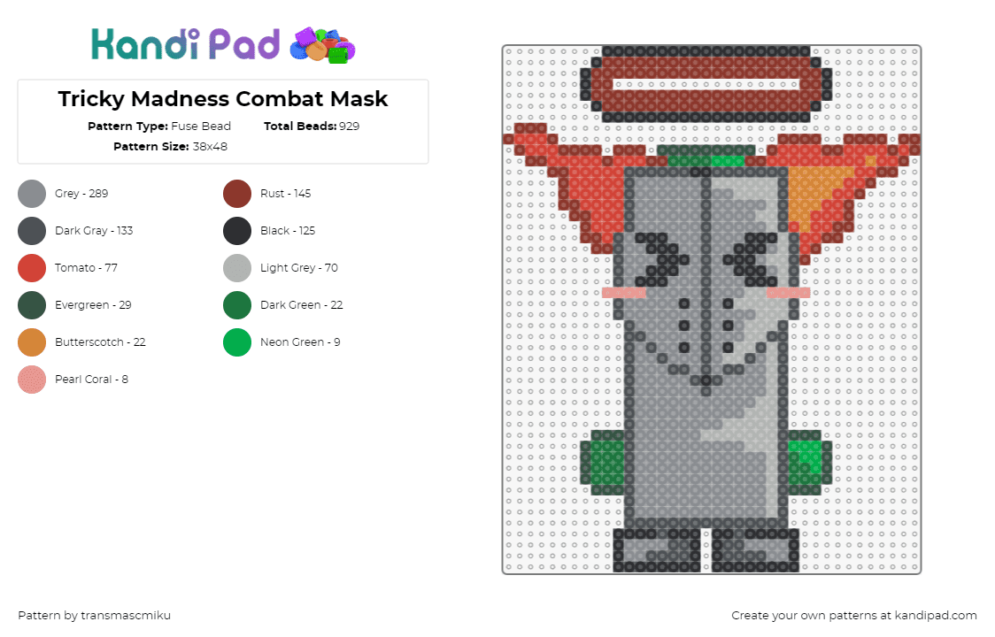 Tricky Madness Combat Mask with Stand - Fuse Bead Pattern by transmascmiku on Kandi Pad - tricky,madness combat,clown,armor,character,video game,creepy,mask,gray,orange