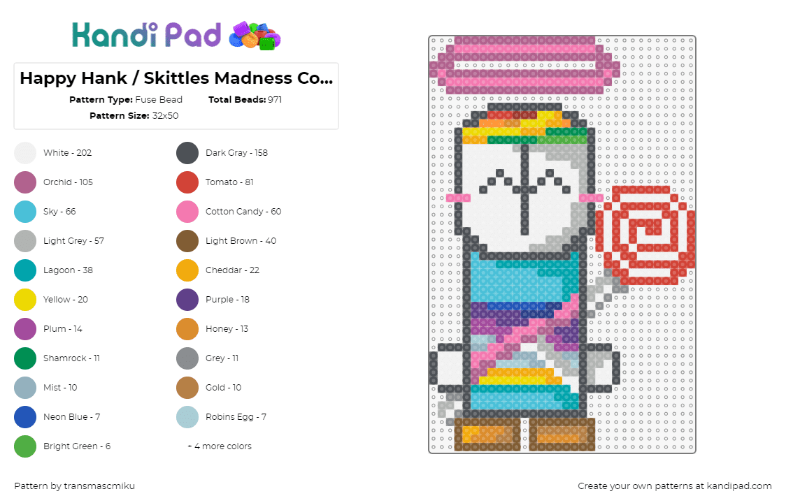 Happy Hank / Skittles Madness Combat with lollipop - Fuse Bead Pattern by transmascmiku on Kandi Pad - hank,skittles,madness,video game,character,lollipop,halo,colorful,gray,teal,pink