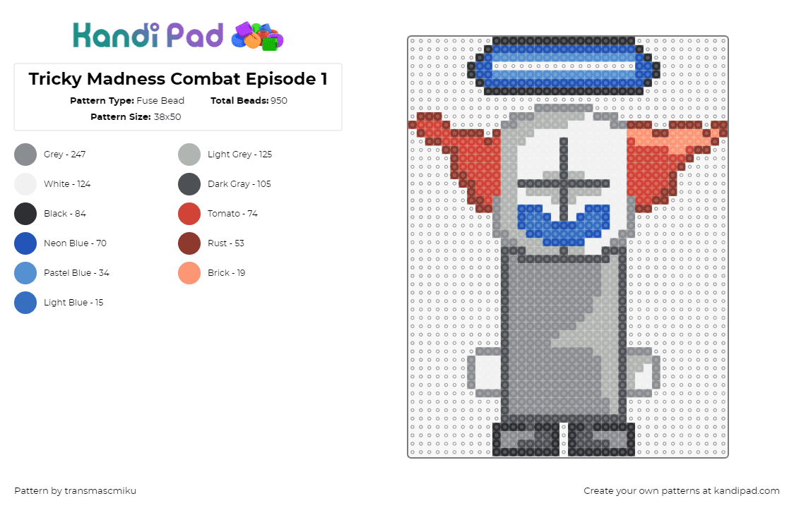 Tricky Madness Combat Episode 1 - Fuse Bead Pattern by transmascmiku on Kandi Pad - tricky,madness combat,clown,character,video game,creepy,mask,gray,orange,blue