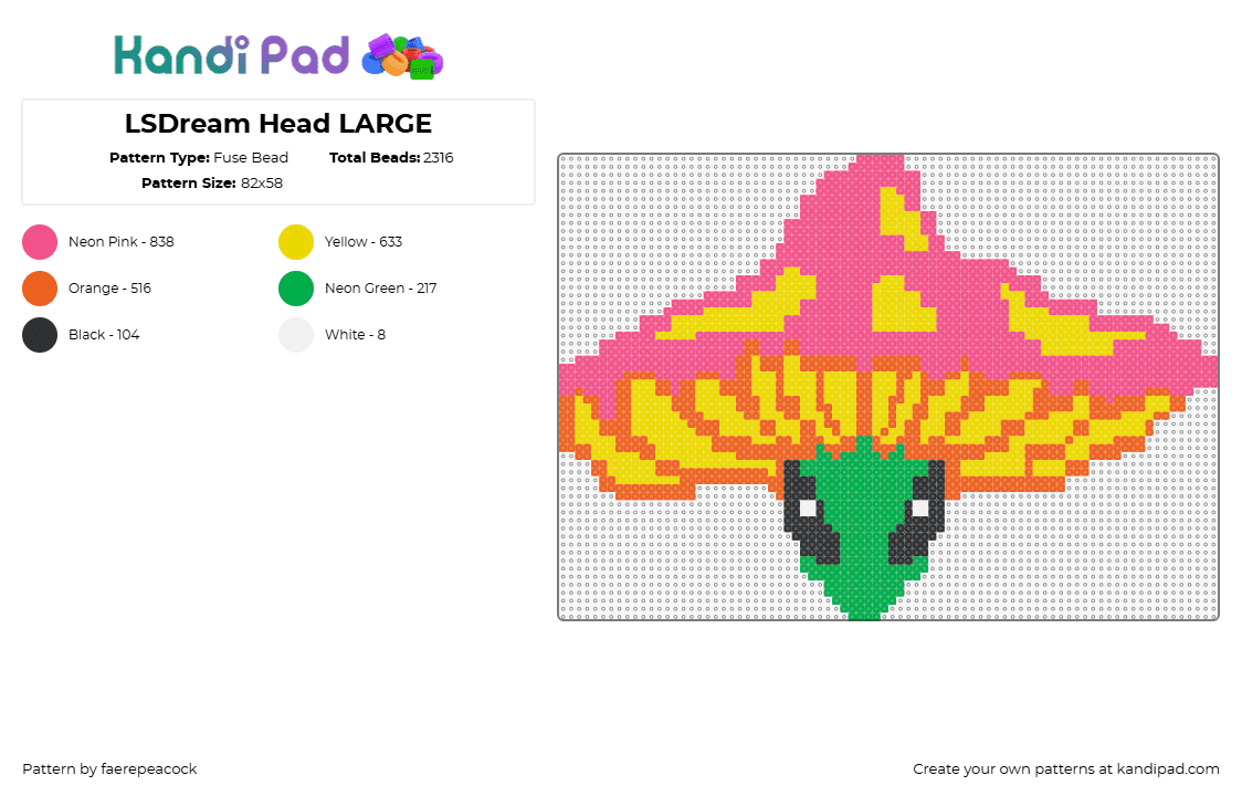 LSDream Head LARGE - Fuse Bead Pattern by faerepeacock on Kandi Pad - lsdream,mushroom,alien,head,character,dj,m usic,edm,trippy,pink,orange,yellow,green