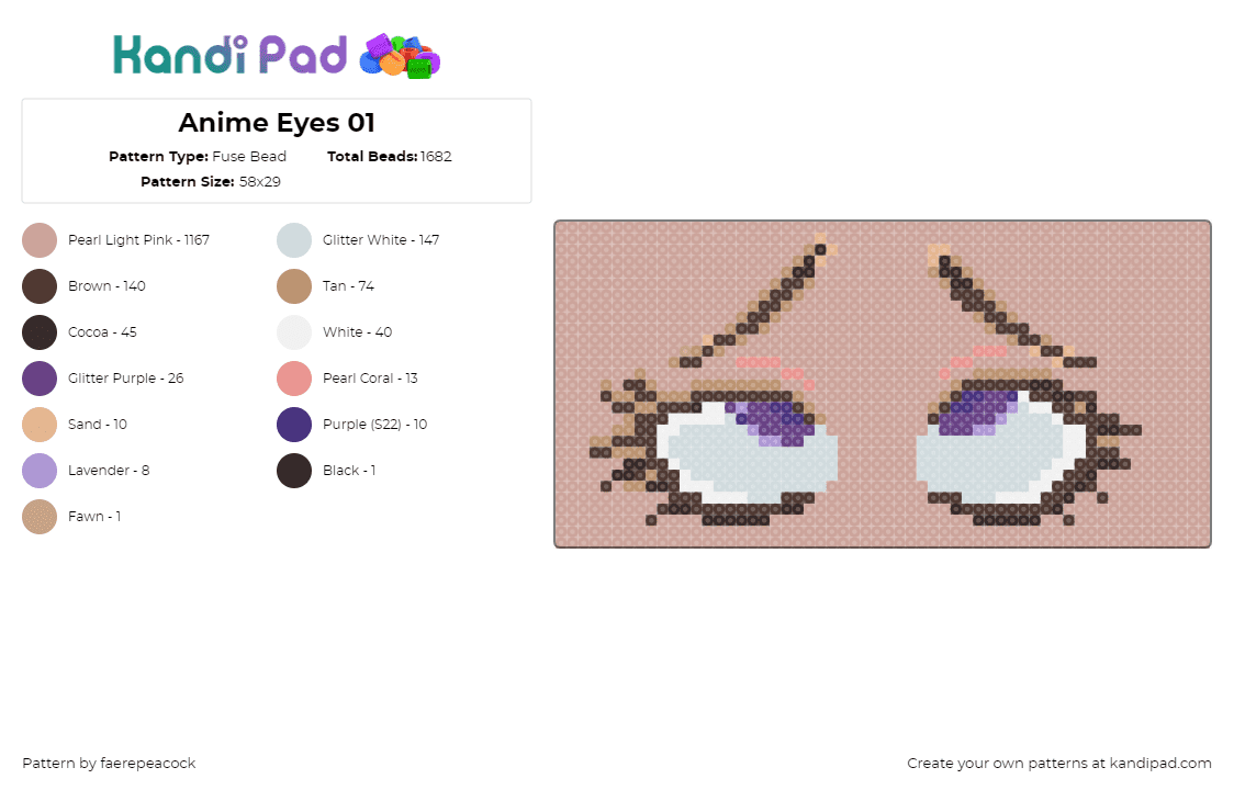 Anime Eyes 01 - Fuse Bead Pattern by faerepeacock on Kandi Pad - eyes,anime,panel,tan,white,purple