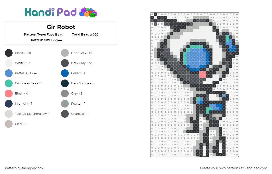 Gir Robot - Fuse Bead Pattern by faerepeacock on Kandi Pad - gir,invader zim,robot,character,cute,tv show,cartoon,gray,teal