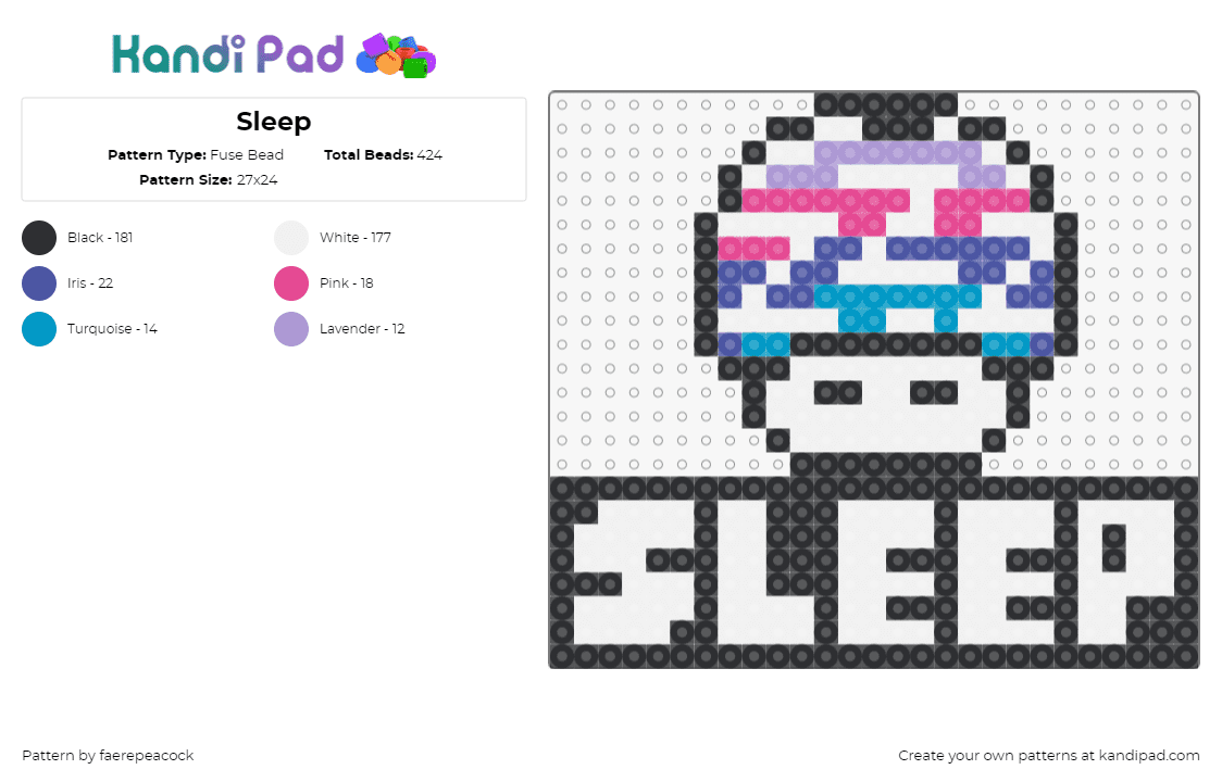 Sleep - Fuse Bead Pattern by faerepeacock on Kandi Pad - sleep,sign,mushroom,text,nintendo,white,black,pink,purple