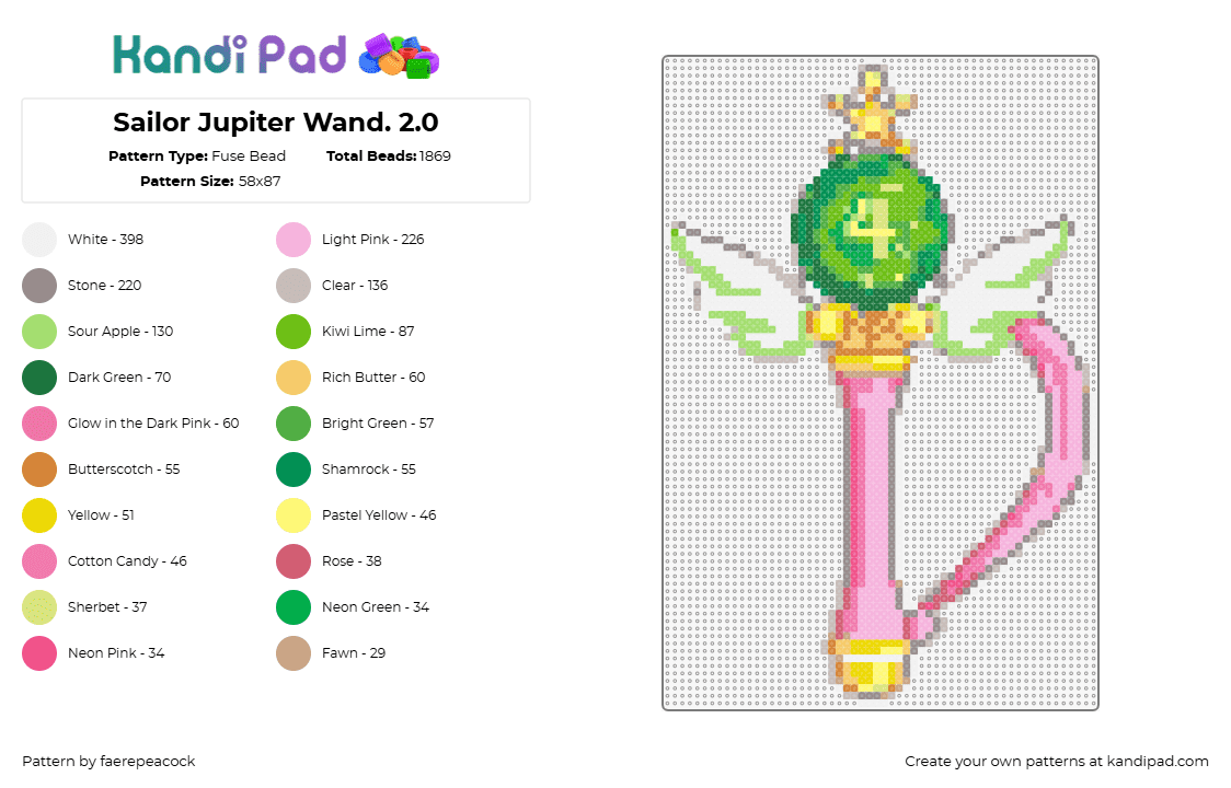 Sailor Jupiter Wand. 2.0 - Fuse Bead Pattern by faerepeacock on Kandi Pad - sailor jupiter,wand,sailor moon,magic,anime,winged,pink,green,yellow