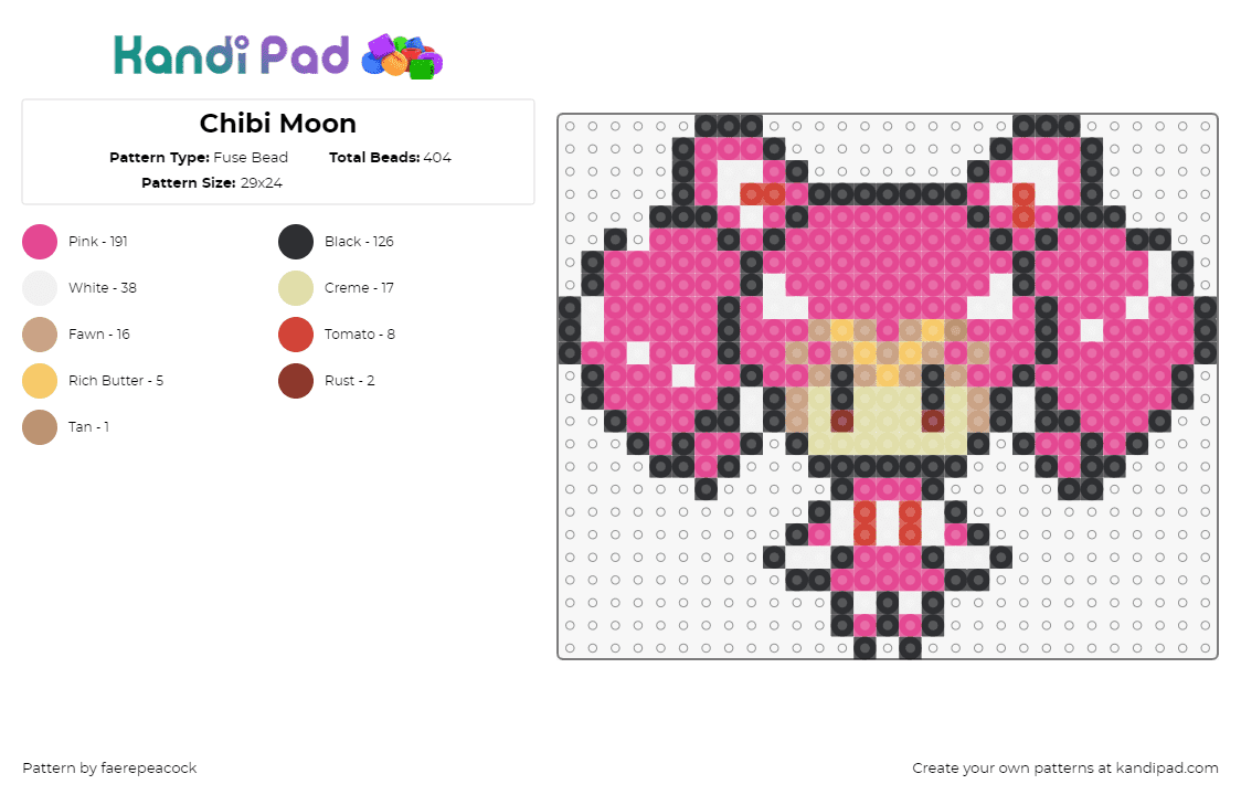 Chibi Moon - Fuse Bead Pattern by faerepeacock on Kandi Pad - sailor moon,chibi,anime,character,tv show,manga,pink