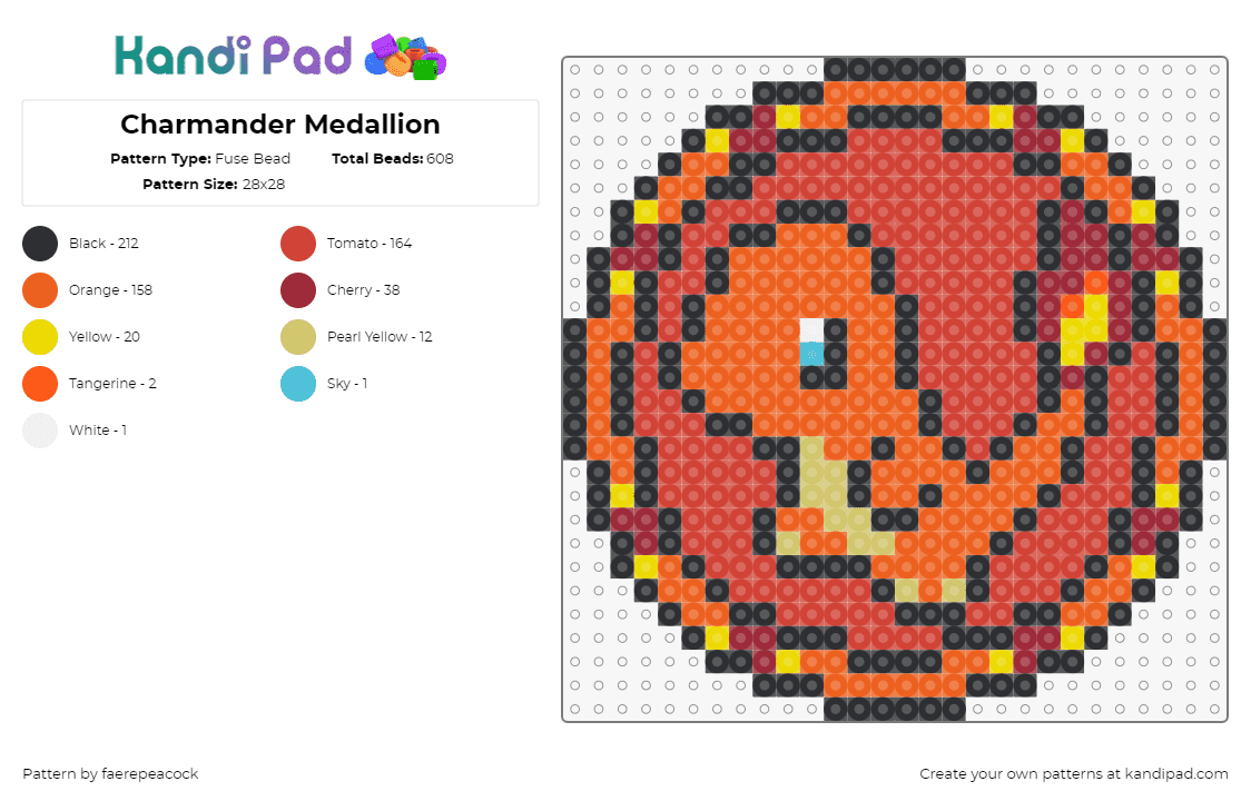 Charmander Medallion - Fuse Bead Pattern by faerepeacock on Kandi Pad - charmander,pokemon,coin,emblem,starter,crest,gaming,orange,red