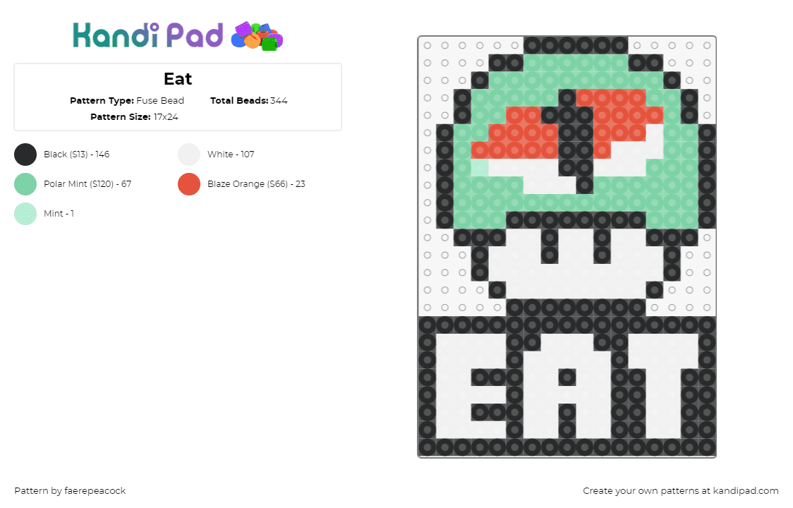 Eat - Fuse Bead Pattern by faerepeacock on Kandi Pad - eat,sign,mushroom,sushi,text,nintendo,white,black,teal,orange