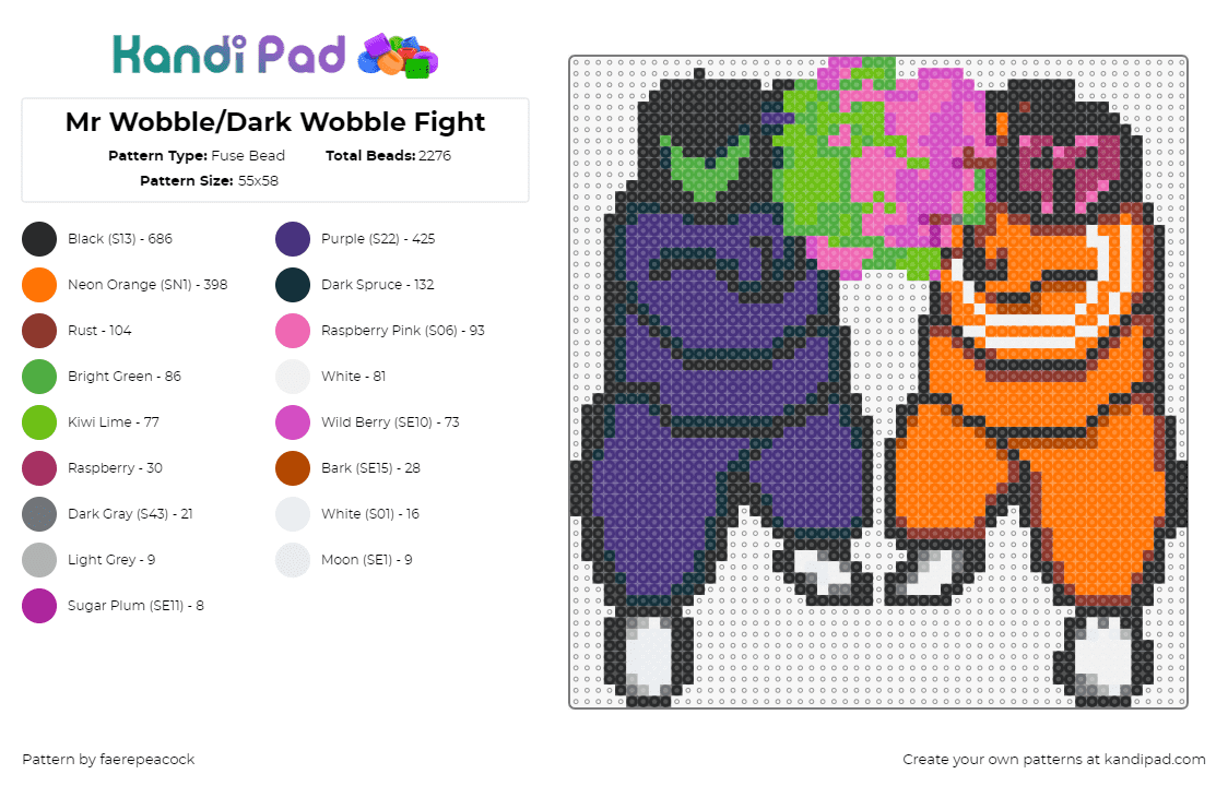 Mr Wobble/Dark Wobble Fight - Fuse Bead Pattern by faerepeacock on Kandi Pad - mr wobble,ganja white night,dj,edm,music,character,orange,pink,purple,green