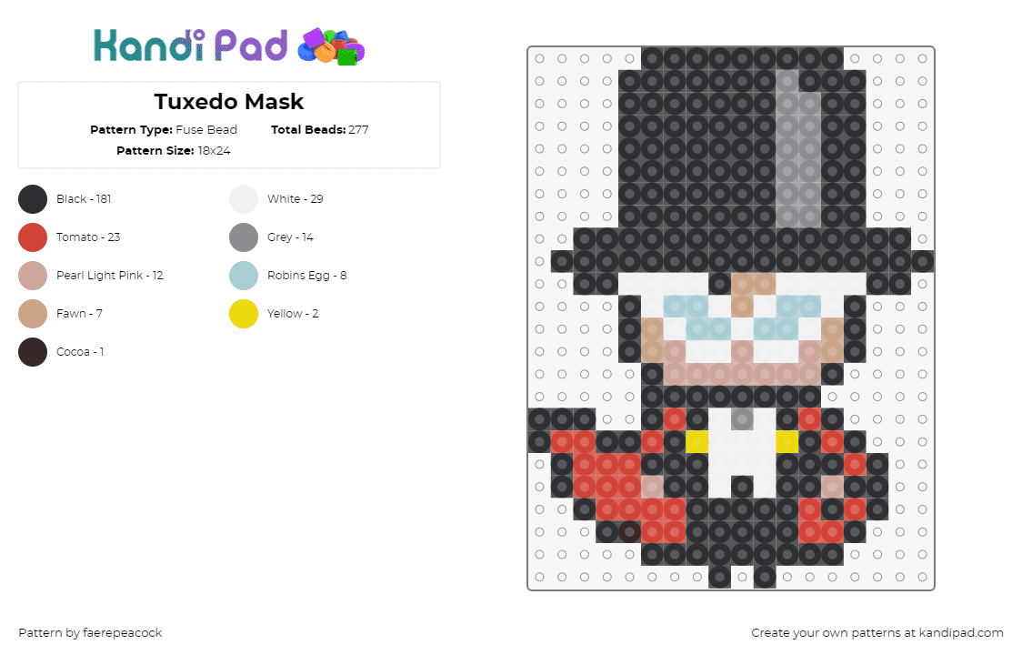 Tuxedo Mask - Fuse Bead Pattern by faerepeacock on Kandi Pad - tuxedo mask,sailor moon,mamoru chiba,character,chibi,anime,top hat,cape,black,red