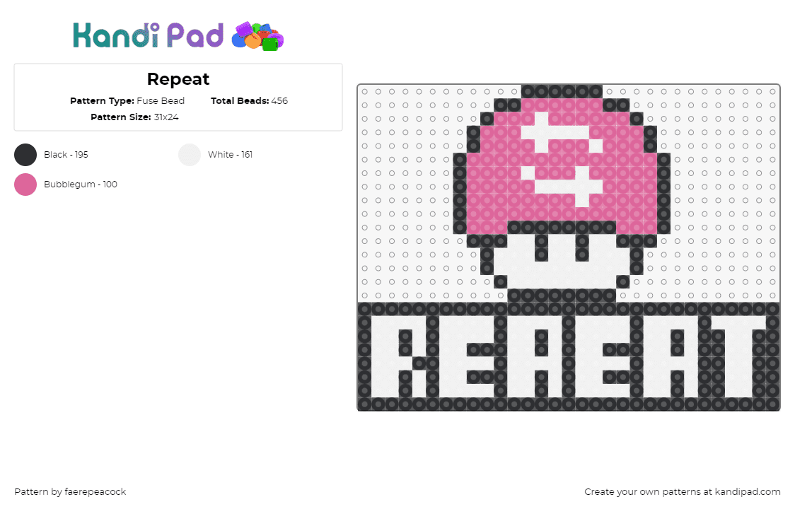 Repeat - Fuse Bead Pattern by faerepeacock on Kandi Pad - repeat,sign,mushroom,text,nintendo,white,black,pink