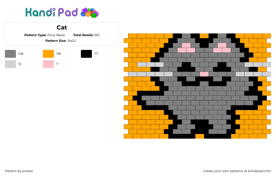 Cat - Pony Bead Pattern by jinxess on Kandi Pad - cat,animal,smile,cute,character,panel,gray,orange