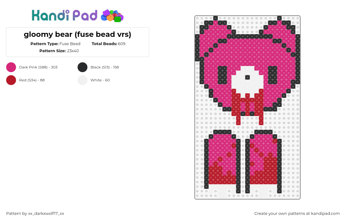 gloomy bear (fuse bead vrs) - Fuse Bead Pattern by xx_darkxwolf17_xx on Kandi Pad - gloomy bear,teddy,bloody,spooky,cute,pink,red