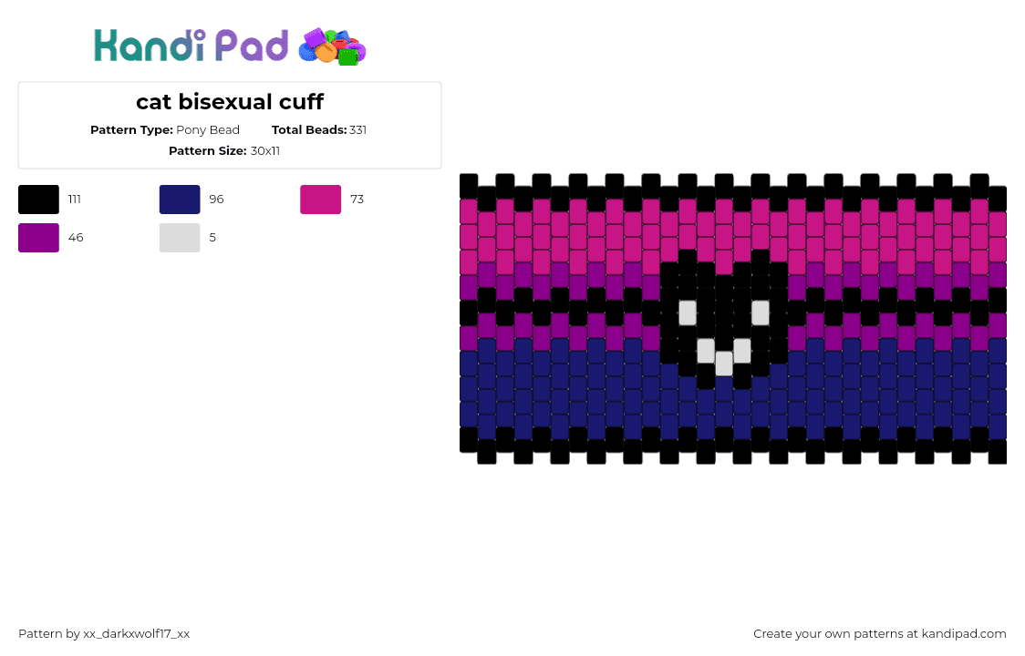 cat bisexual cuff - Pony Bead Pattern by xx_darkxwolf17_xx on Kandi Pad - bisexual,cat,pride,cuff,dark,pink,purple,black