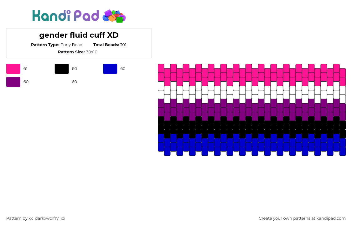 gender fluid cuff XD - Pony Bead Pattern by xx_darkxwolf17_xx on Kandi Pad - genderfluid,pride,cuff,pink,purple,blue