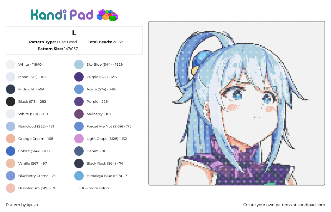 L - Fuse Bead Pattern by kyuzo on Kandi Pad - aqua,konosuba,character,anime,manga,light blue,purple,white