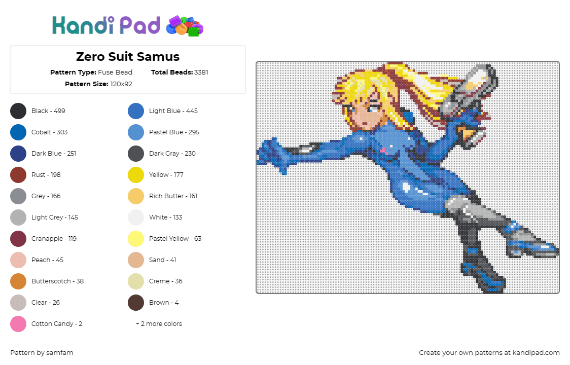 Zero Suit Samus - Fuse Bead Pattern by samfam on Kandi Pad - samus aran,zero suit,metroid,video game,character,blonde,costume,blue,yellow