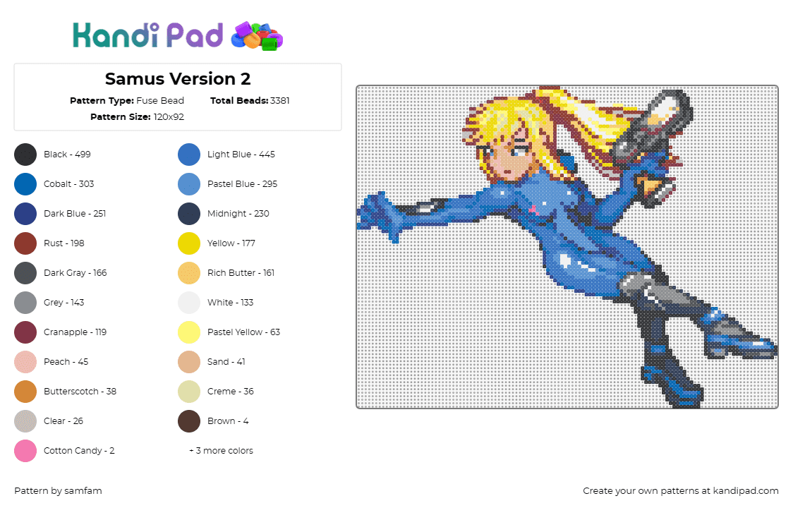 Samus Version 2 - Fuse Bead Pattern by samfam on Kandi Pad - samus aran,zero suit,metroid,video game,character,blonde,costume,blue,yellow