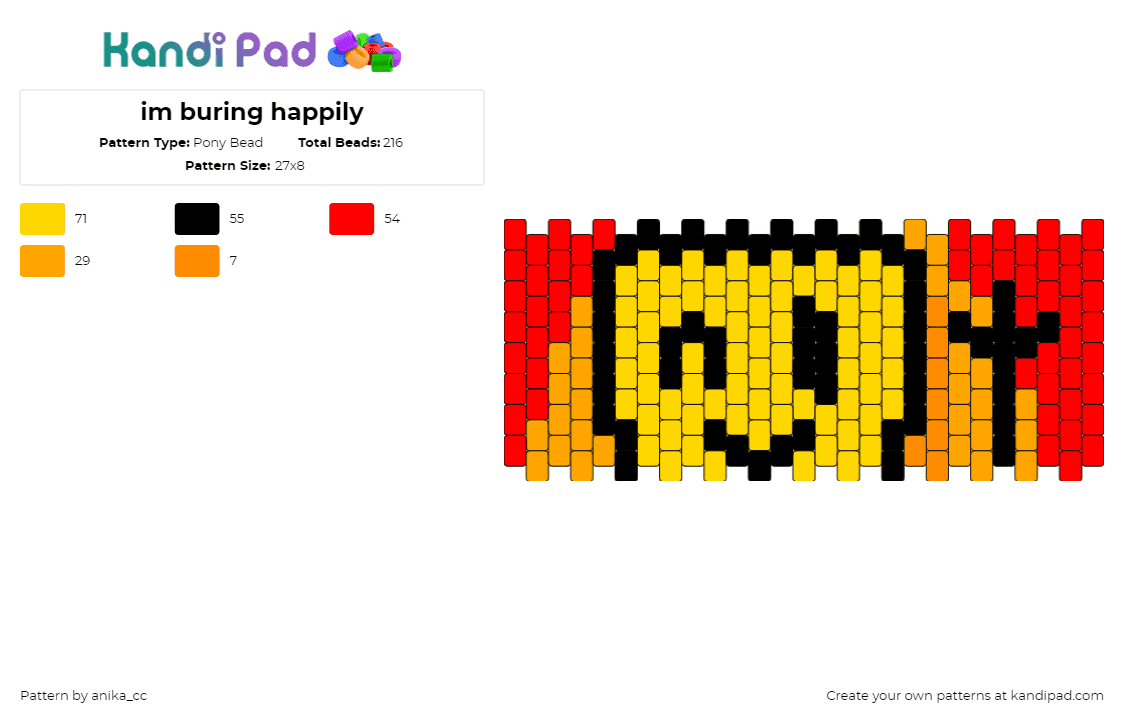 im buring happily - Pony Bead Pattern by anika_cc on Kandi Pad - smiley,fire,meme,cuff,face,wink,yellow,orange,red