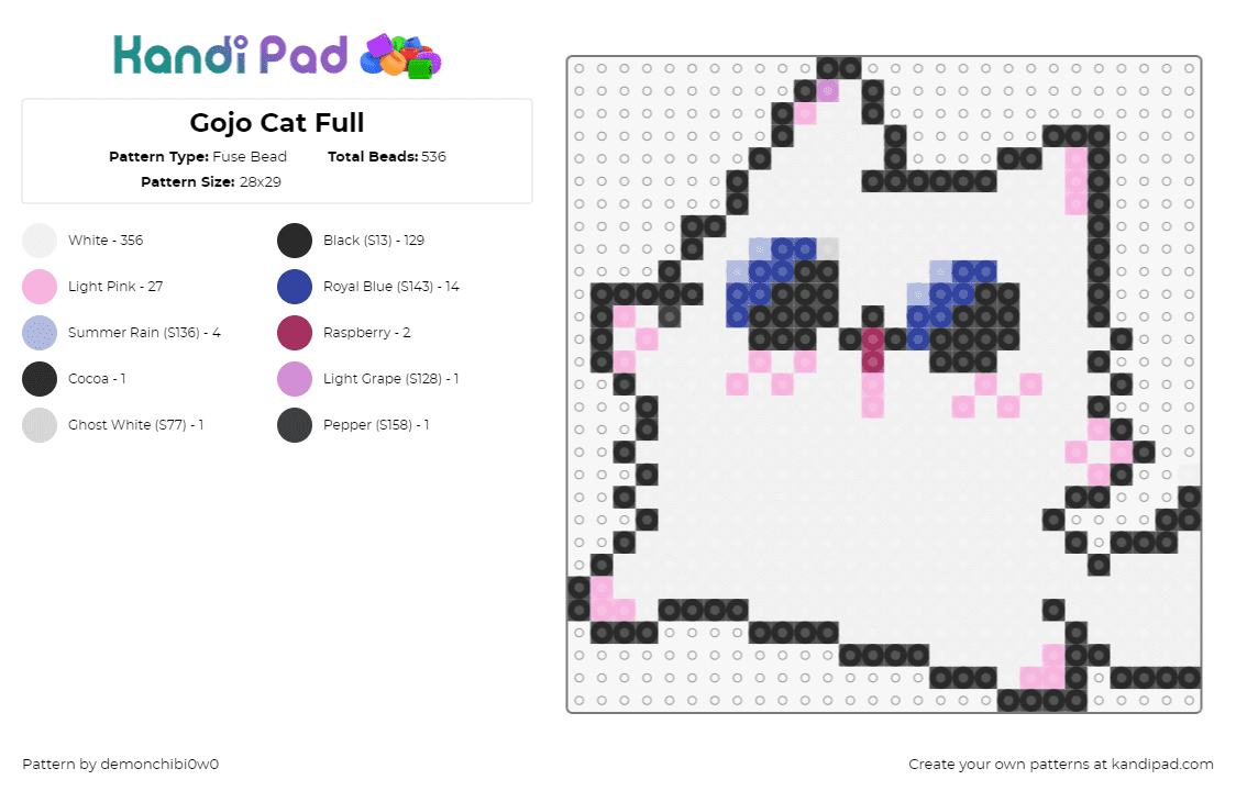 Gojo Cat Full - Fuse Bead Pattern by demonchibi0w0 on Kandi Pad - gojo satoru,jujutsu kaisen,cat,character,anime,white