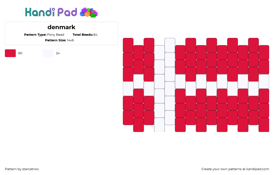 denmark - Pony Bead Pattern by raccokat on Kandi Pad - denmark,country,flag,charm,red,white