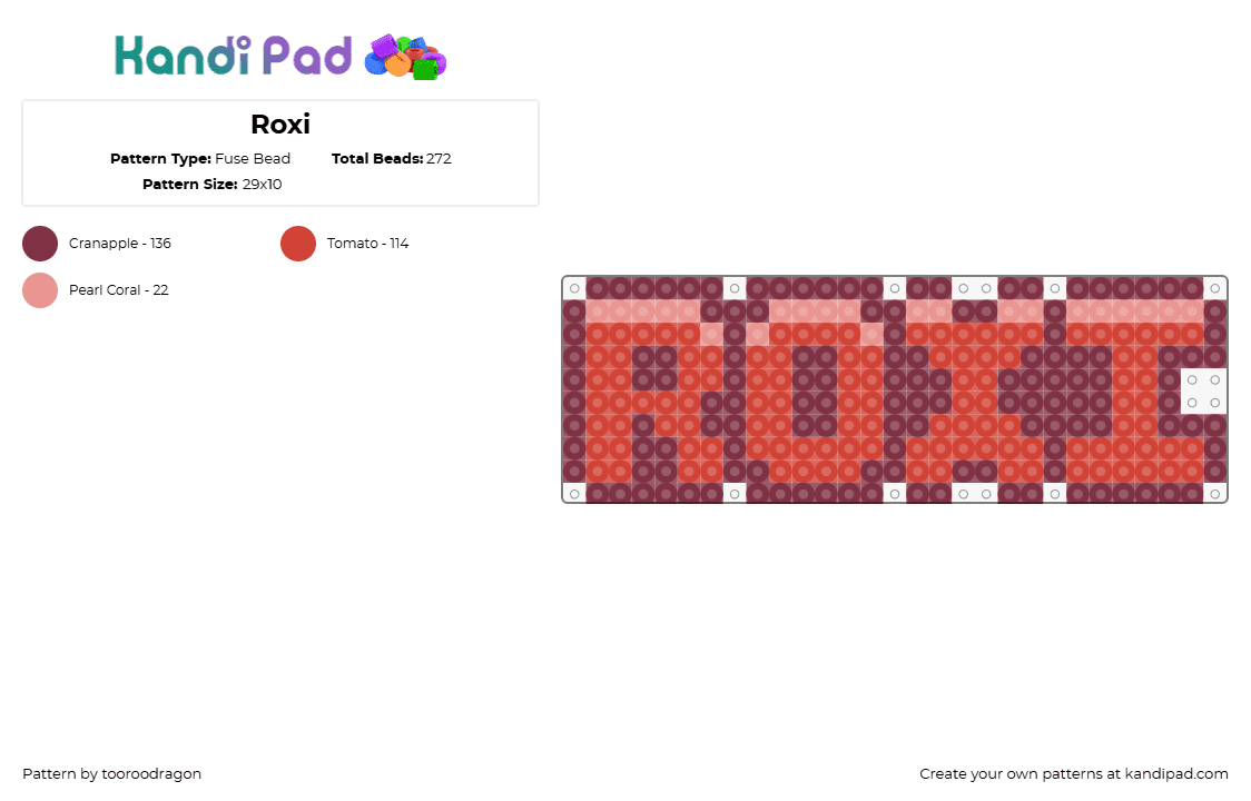 Roxi - Fuse Bead Pattern by tooroodragon on Kandi Pad - roxi,name,text,sign,red