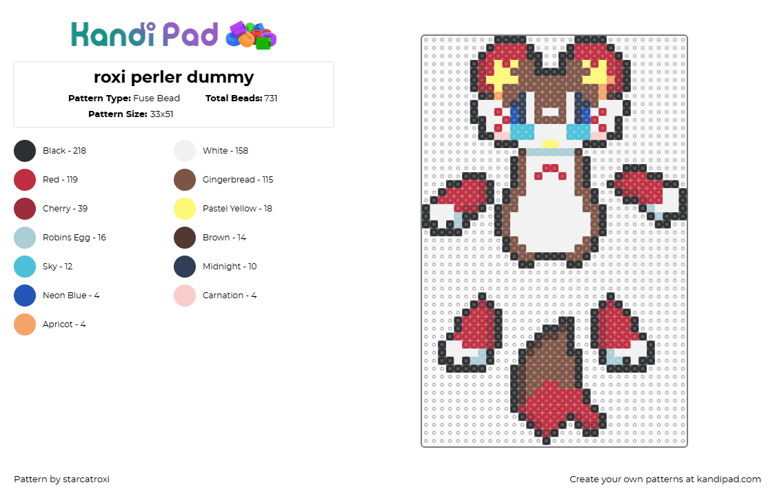 roxi perler dummy - Fuse Bead Pattern by starcatroxi on Kandi Pad - roxi,3d,character,red,brown,white